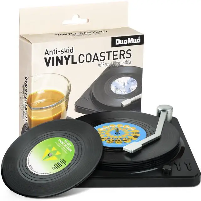 Main image of Funny Retro Record Coasters for Drinks with Vinyl Player Holder - Set of 6 Coaster White Elephant Gifts for Music Lovers, Conversation Piece Sayings,Housewarming Hostess Wedding Registry Gift Ideas