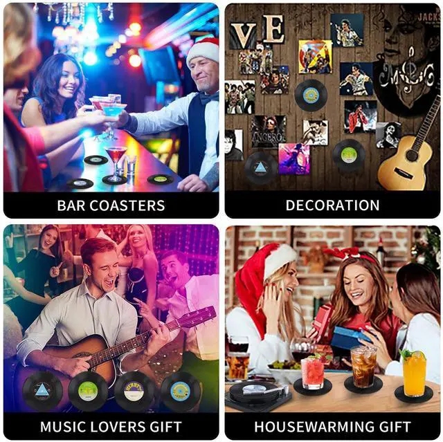Alt view image 3 of 7 - Funny Retro Record Coasters for Drinks with Vinyl Player Holder - Set of 6 Coaster White Elephant Gifts for Music Lovers, Conversation Piece Sayings,Housewarming Hostess Wedding Registry Gift Ideas