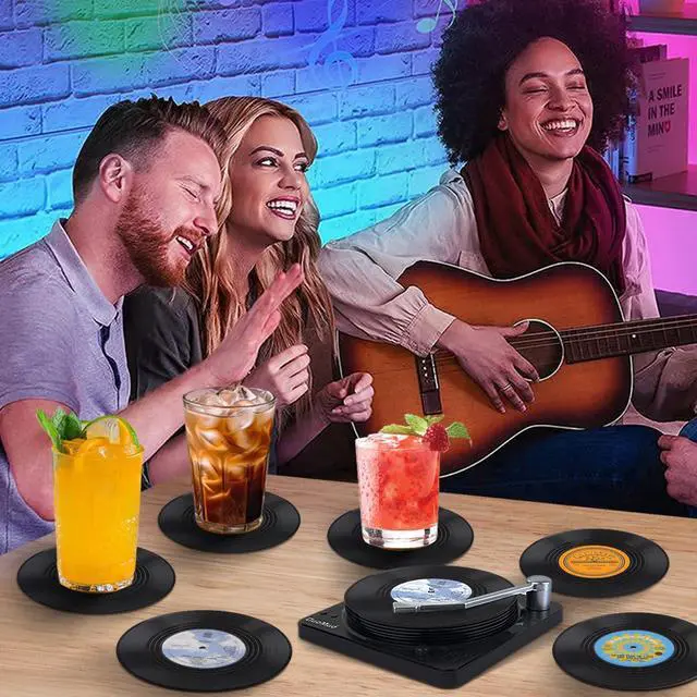 Alt view image 5 of 7 - Funny Retro Record Coasters for Drinks with Vinyl Player Holder - Set of 6 Coaster White Elephant Gifts for Music Lovers, Conversation Piece Sayings,Housewarming Hostess Wedding Registry Gift Ideas