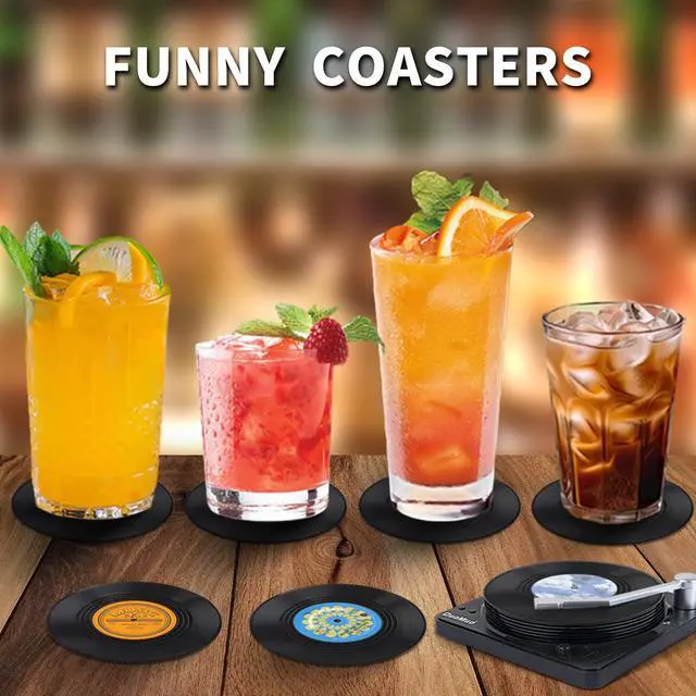 Alt view image 6 of 7 - Funny Retro Record Coasters for Drinks with Vinyl Player Holder - Set of 6 Coaster White Elephant Gifts for Music Lovers, Conversation Piece Sayings,Housewarming Hostess Wedding Registry Gift Ideas