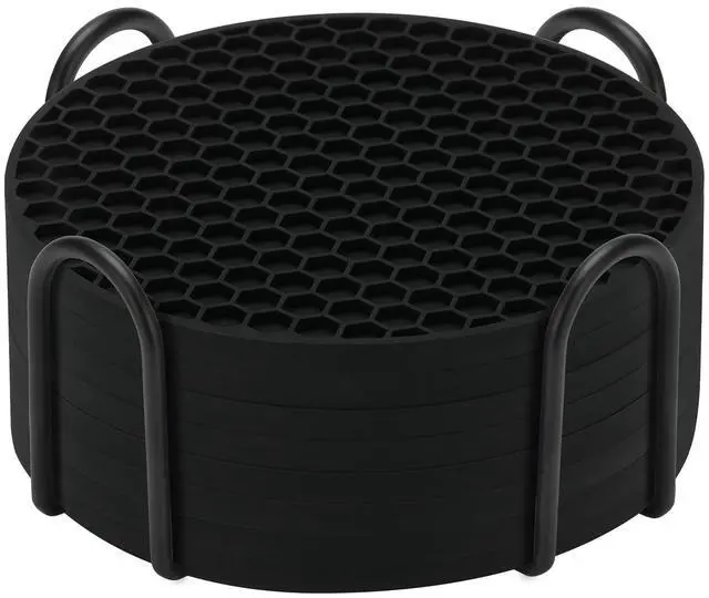 Main image of 8-Pack Silicone Drink Coasters with Holder, Non-Slip Coaster Set for Coffee Table, Kitchen & Office, Protect Furniture from Water Rings, Heat & Spills, Black