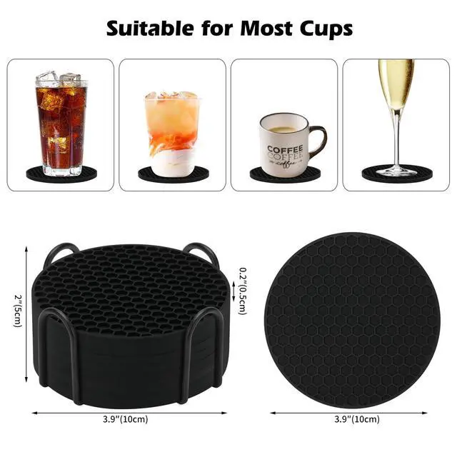 Alt view image 2 of 6 - 8-Pack Silicone Drink Coasters with Holder, Non-Slip Coaster Set for Coffee Table, Kitchen & Office, Protect Furniture from Water Rings, Heat & Spills, Black