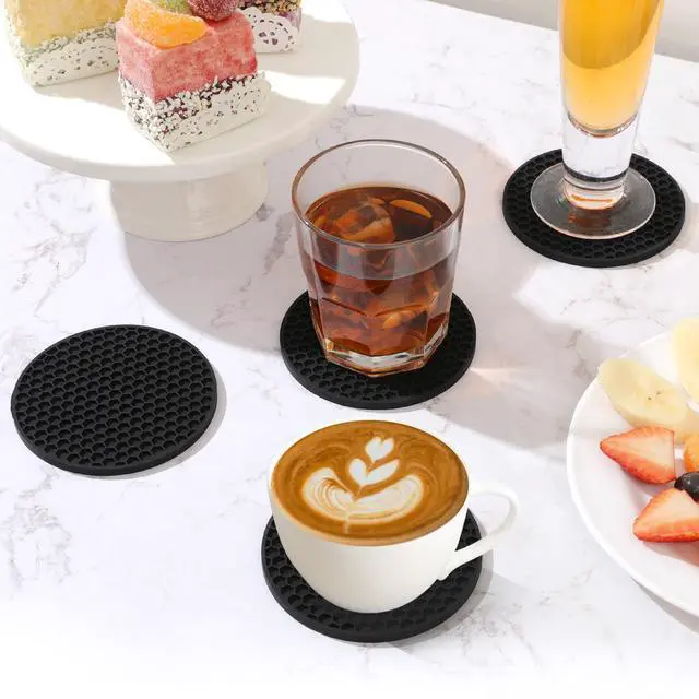 Alt view image 3 of 6 - 8-Pack Silicone Drink Coasters with Holder, Non-Slip Coaster Set for Coffee Table, Kitchen & Office, Protect Furniture from Water Rings, Heat & Spills, Black