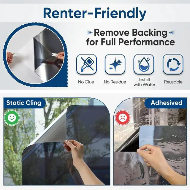 Alt view image 6 of 7 - Window Tint for Home, One Way Privacy Film Heat & UV Blocking, Static Cling No Glue Renter Friendly Cover for Home Bedroom, Office & Sliding Glass Door, 17.5 x 78.7 Inch with 3 Tools, Black