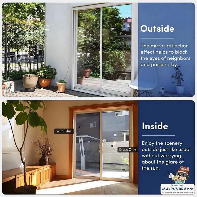 Alt view image 4 of 7 - One Way Privacy Window Film, Heat Control Window Tint for Home, Sun Blocking Reflective Window Film See Out Not in, Anti UV Static Cling for Windows Office Door (Black, 17.5 Inch X 6.5 Feet)