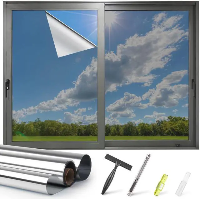 Main image of One Way Window Privacy Film Reflective Mirror Home Window Tint, Daytime Privacy Heat Control Anti UV Glass Tinting Static Cling (Silver, 17.5 x 78.7 inch)
