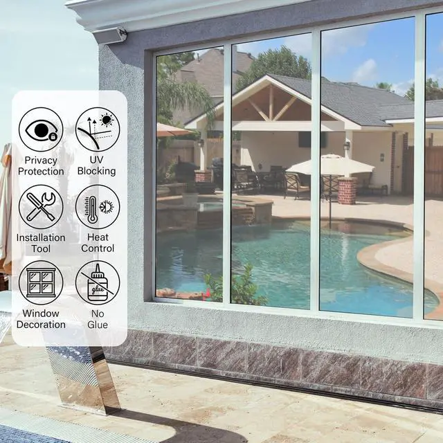 Alt view image 7 of 7 - One Way Window Privacy Film Reflective Mirror Home Window Tint, Daytime Privacy Heat Control Anti UV Glass Tinting Static Cling (Silver, 17.5 x 78.7 inch)