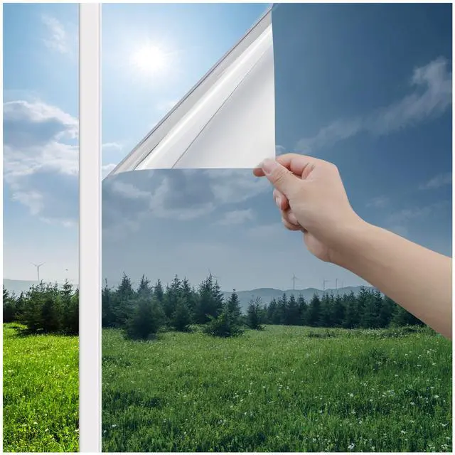 Main image of Window Privacy Film One Way Window Tint for Home, Sun UV Blocking Heat Control Reflective Mirror Film, No Glue Static Cling See Out Not in Glass Door Covering, Silver, 17.5" x 78.7"