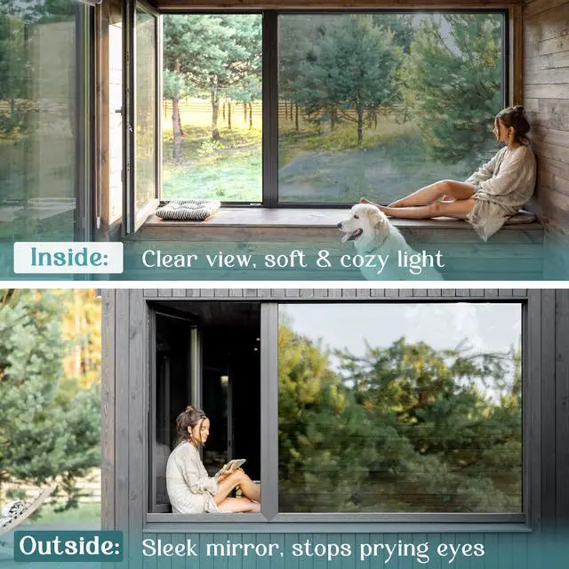 Alt view image 3 of 7 - Window Privacy Film One Way Window Tint for Home, Sun UV Blocking Heat Control Reflective Mirror Film, No Glue Static Cling See Out Not in Glass Door Covering, Silver, 17.5" x 78.7"