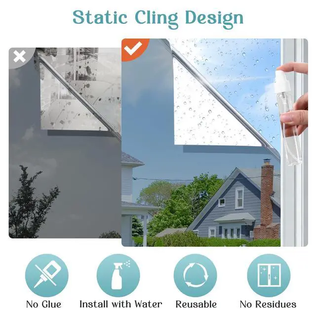 Alt view image 6 of 7 - Window Privacy Film One Way Window Tint for Home, Sun UV Blocking Heat Control Reflective Mirror Film, No Glue Static Cling See Out Not in Glass Door Covering, Silver, 17.5" x 78.7"