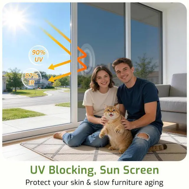 Alt view image 2 of 7 - One Way Window Privacy Film, Window Tint for Home, Sun Blocking UV Heat Blocker, See Out Not in Reflective Mirror Film, Removable Static Cling Glass Door Cover, Black Silver, 17.5" x 78.7"