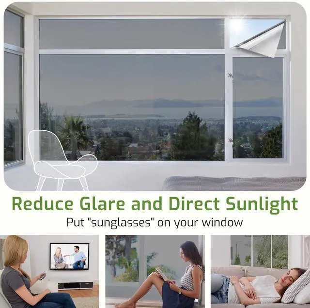 Alt view image 5 of 7 - One Way Window Privacy Film, Window Tint for Home, Sun Blocking UV Heat Blocker, See Out Not in Reflective Mirror Film, Removable Static Cling Glass Door Cover, Black Silver, 17.5" x 78.7"