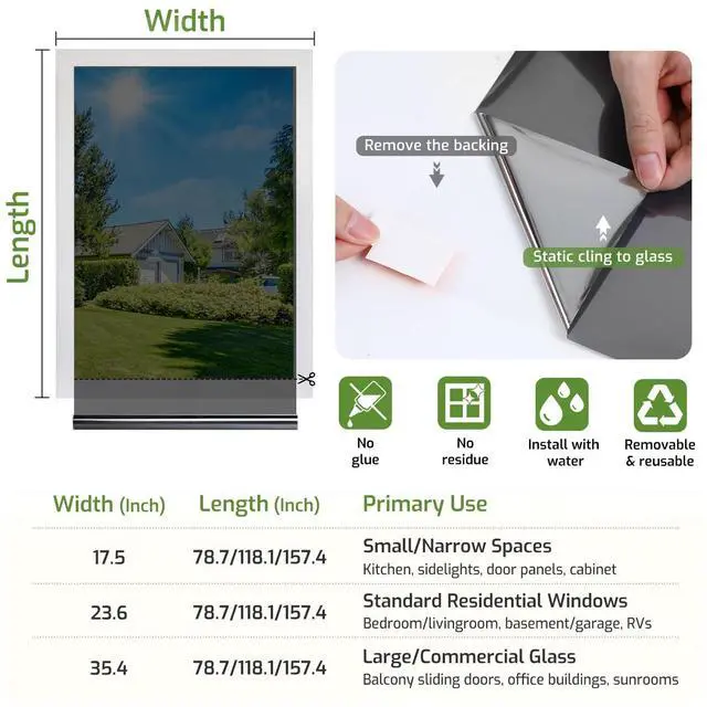 Alt view image 7 of 7 - One Way Window Privacy Film, Window Tint for Home, Sun Blocking UV Heat Blocker, See Out Not in Reflective Mirror Film, Removable Static Cling Glass Door Cover, Black Silver, 17.5" x 78.7"
