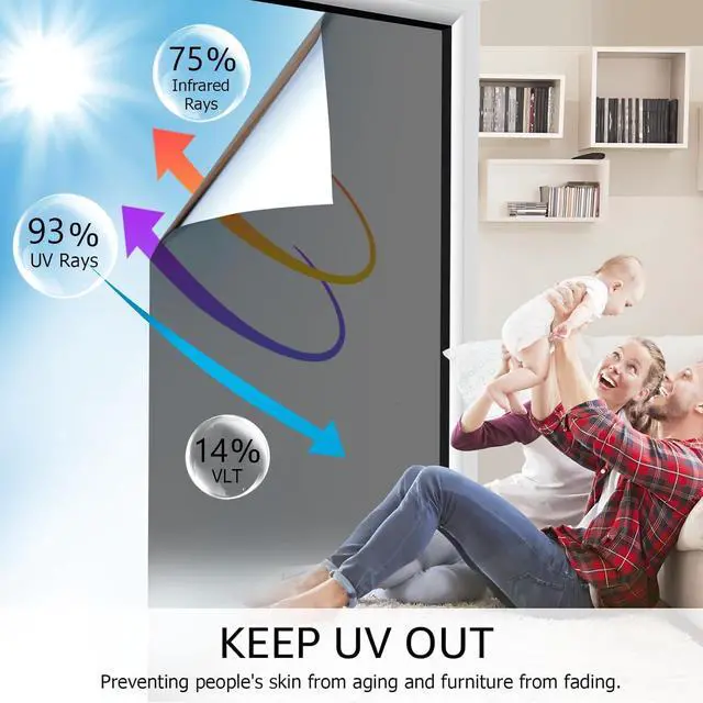 Alt view image 2 of 6 - One Way Window Film, Daytime Privacy Sun Blocking Reflective Window Film No Glue Static Cling Heat Control Window Tinting Film for Home and Office, Black Silver, 17.5 x 78.7 Inch