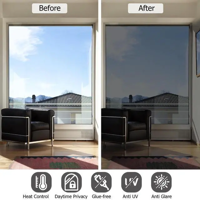 Alt view image 4 of 6 - One Way Window Film, Daytime Privacy Sun Blocking Reflective Window Film No Glue Static Cling Heat Control Window Tinting Film for Home and Office, Black Silver, 17.5 x 78.7 Inch