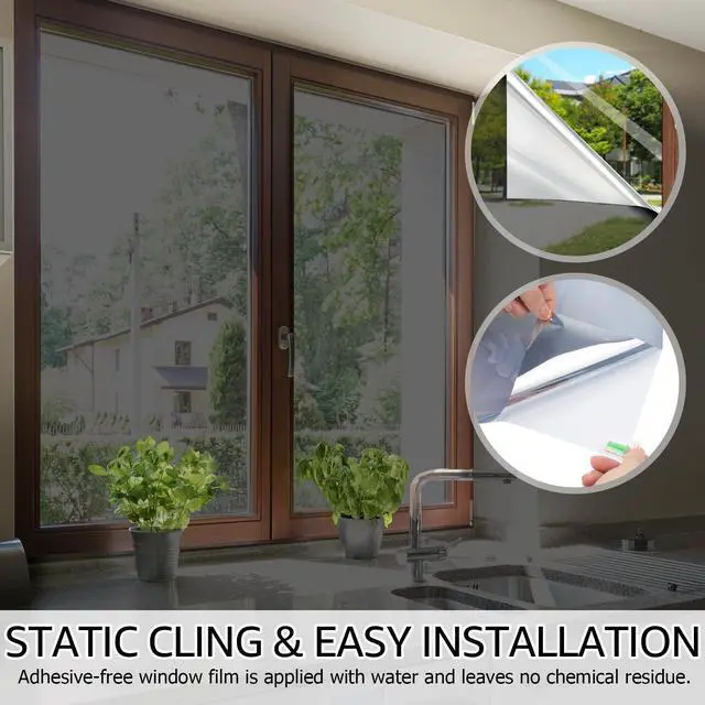 Alt view image 5 of 6 - One Way Window Film, Daytime Privacy Sun Blocking Reflective Window Film No Glue Static Cling Heat Control Window Tinting Film for Home and Office, Black Silver, 17.5 x 78.7 Inch