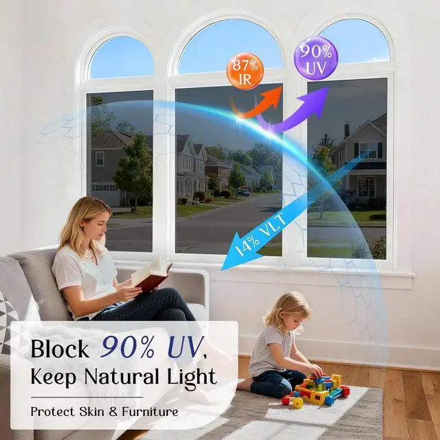 Alt view image 3 of 7 - One Way Window Privacy Film, Window Tint for Home with Tools, Static Cling Removable, UV Sun Heat Blocking Reflective Mirror Film, See Out Not in, Black-Silver, 17.5 by 78.7 inch
