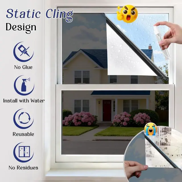 Alt view image 7 of 7 - One Way Window Privacy Film, Window Tint for Home with Tools, Static Cling Removable, UV Sun Heat Blocking Reflective Mirror Film, See Out Not in, Black-Silver, 17.5 by 78.7 inch