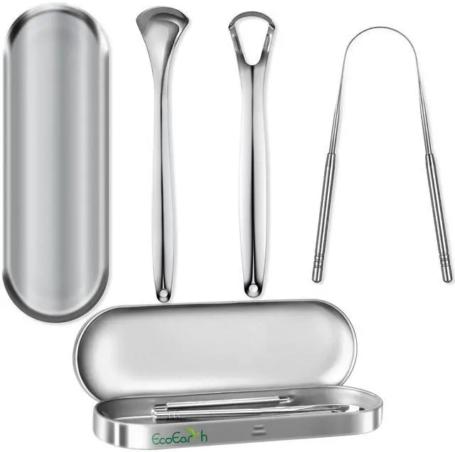Main image of Scraper for Adults - 3 Pcs Metal Tongue Cleaner with Silver Storage Case - Tough Stainless Steel Mouth Scrubber for Fresh Breath & Oral Hygiene - by EcoEarth