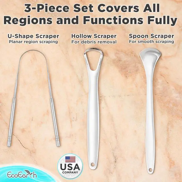 Alt view image 3 of 7 - Scraper for Adults - 3 Pcs Metal Tongue Cleaner with Silver Storage Case - Tough Stainless Steel Mouth Scrubber for Fresh Breath & Oral Hygiene - by EcoEarth