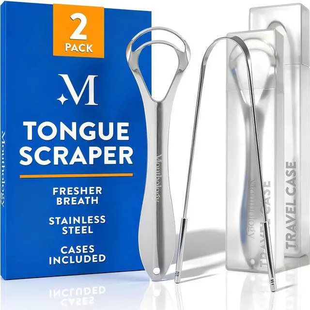 Main image of Tongue Scraper (2 Pack), Reduce Bad Breath (Travel Cases Included), Stainless Steel Tongue Cleaners, Metal Tongue Scraper, Tongue Scraper for Adults - Fresher Breath in Seconds