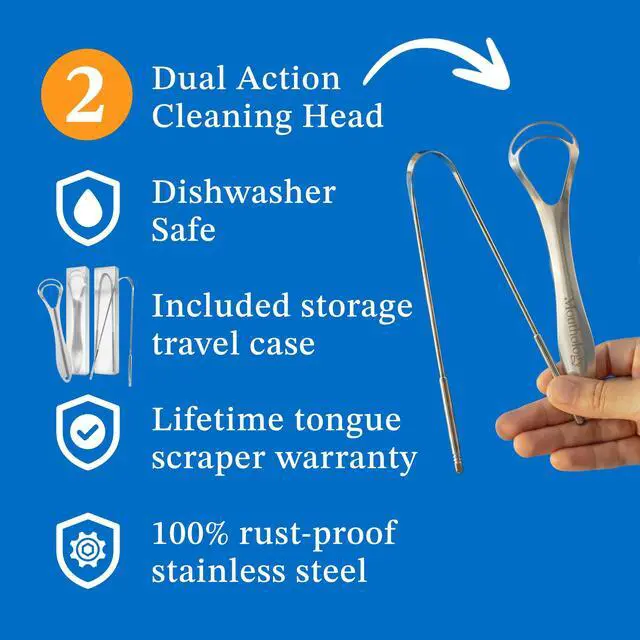 Alt view image 7 of 7 - Tongue Scraper (2 Pack), Reduce Bad Breath (Travel Cases Included), Stainless Steel Tongue Cleaners, Metal Tongue Scraper, Tongue Scraper for Adults - Fresher Breath in Seconds