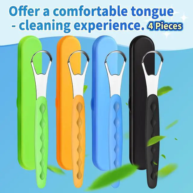 Alt view image 2 of 7 - 4-Pack Colorful Tongue Scraper for Adults with Travel Case, Stainless Steel, Metal Tongue Brush for Bad Breath, Oral Hygiene Tool, Easy to Use & Portable