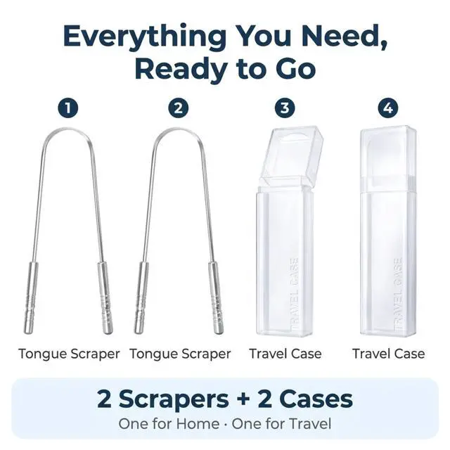 Alt view image 3 of 7 - Scraper 2 Pack, 304 Stainless Steel Tongue Cleaner, Includes 2 Travel Cases, Helps Reduce Bad Breath, Metal Tongue Scraper for Oral Hygiene and Fresh Breath