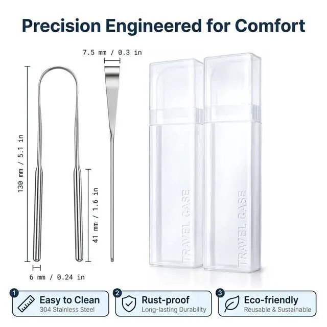 Alt view image 6 of 7 - Scraper 2 Pack, 304 Stainless Steel Tongue Cleaner, Includes 2 Travel Cases, Helps Reduce Bad Breath, Metal Tongue Scraper for Oral Hygiene and Fresh Breath