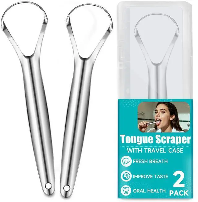 Main image of 2 Pack Tongue Scraper for Adults, Reduce Bad Breath, Tongue Cleaner with Travel Case, Stainless Steel Tongue Scrapers, Tongue Brush, Tongue Scrubber for Oral Care & Hygiene