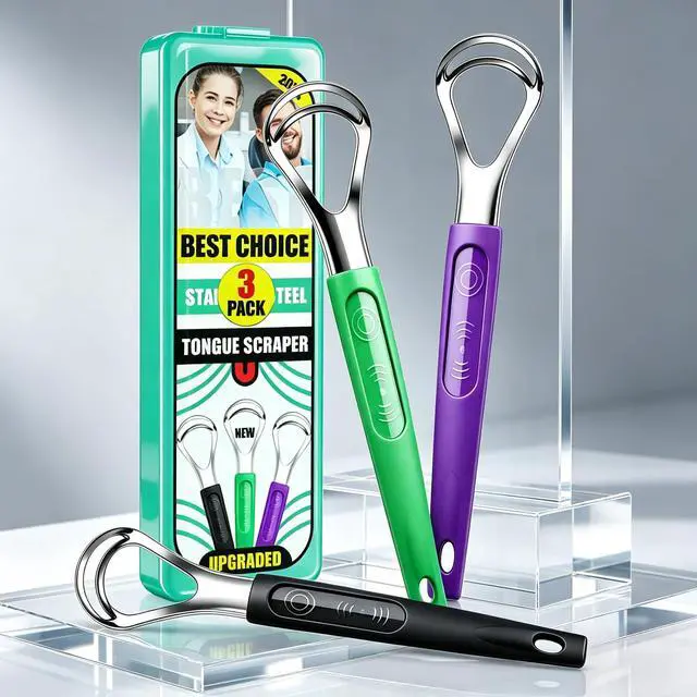 Alt view image 2 of 7 - 3 Pack Metal Tongue Scrapers for Kids Adults, Stainless Steel Tongue Cleaner Scrubber with Travel Case