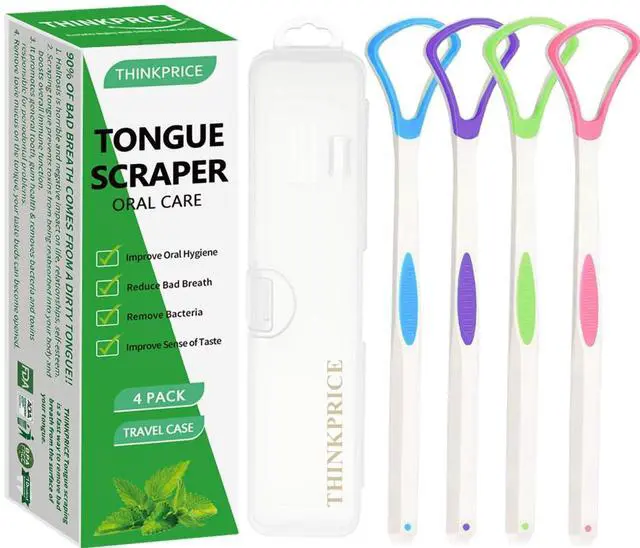 Main image of Tongue Scraper Cleaner 100% BPA Free Tongue Scrapers with Travel Handy Case for Adults, Kids, Healthy Oral Care, Easy to Use, Help Fight Bad Breath (4 PACK)