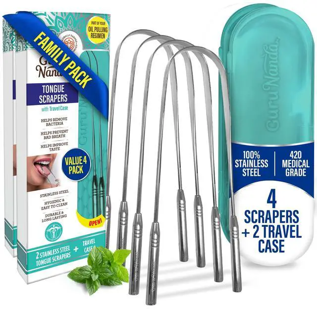 Main image of Tongue Scraper for Adults (4-Pack) with Travel Case, 420 Medical Grade Stainless Steel, Aids in Fresh Breath & Oral Care - Travel Friendly