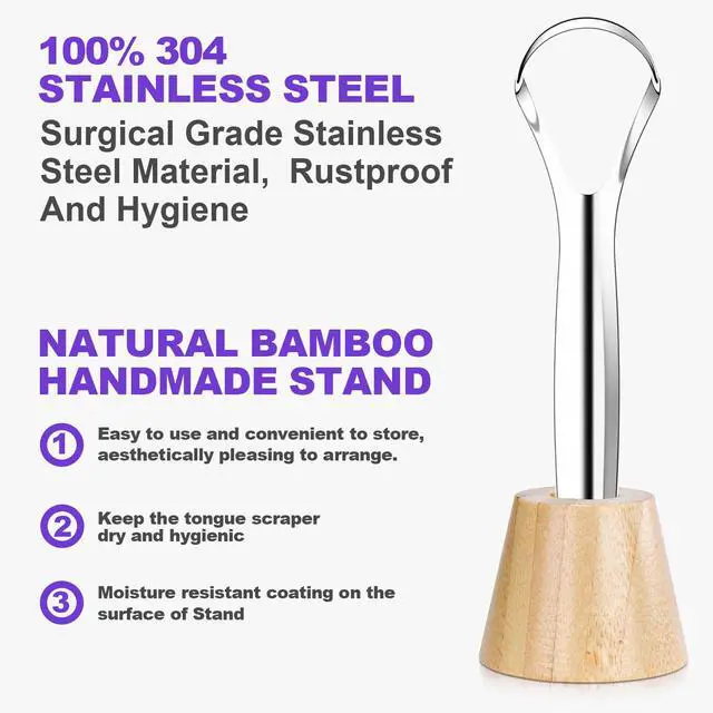 Alt view image 2 of 6 - Tongue Scraper for Adults (2 Pack), 2 Bamboo Holder and 2 Travel Case, 100% Stainless Steel Tongue Scraper, Reducing Bad Breath, Tongue Cleaner for Oral Care & Hygiene, Home and Travel Use