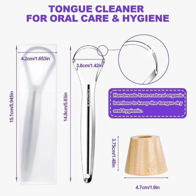 Alt view image 6 of 6 - Tongue Scraper for Adults (2 Pack), 2 Bamboo Holder and 2 Travel Case, 100% Stainless Steel Tongue Scraper, Reducing Bad Breath, Tongue Cleaner for Oral Care & Hygiene, Home and Travel Use