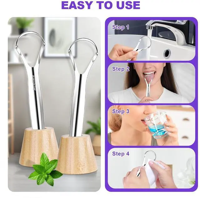 Alt view image 5 of 6 - Tongue Scraper for Adults (2 Pack), 2 Bamboo Holder and 2 Travel Case, 100% Stainless Steel Tongue Scraper, Reducing Bad Breath, Tongue Cleaner for Oral Care & Hygiene, Home and Travel Use