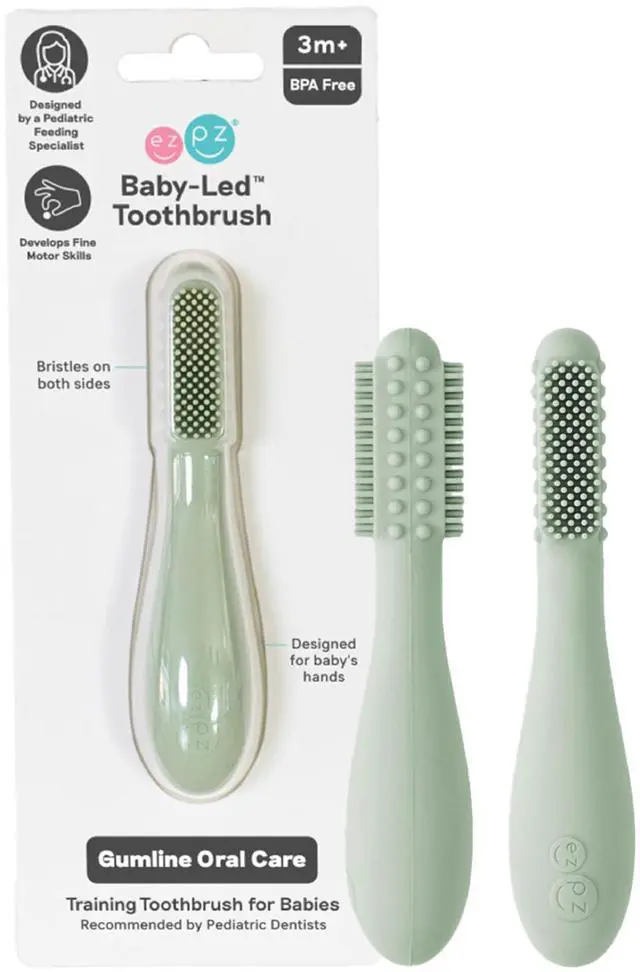 Main image of Baby-Led Toothbrush (Sage) - 3 Months + - 100% Silicone Infant Toothbrush with Sensory Bumps - Cleans Gums + New Teeth - Improves Hand-to-Mouth Coordination, Self-Feeding Skills
