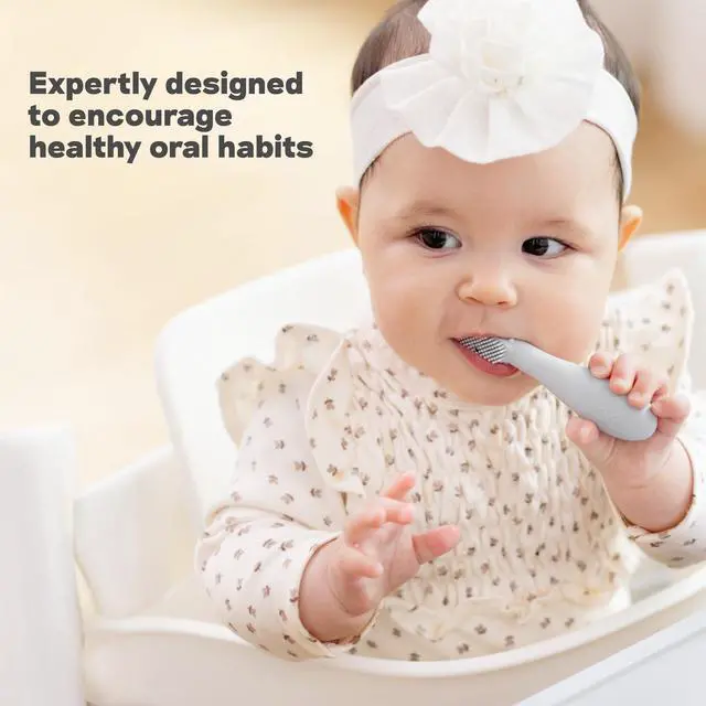Alt view image 4 of 7 - Baby-Led Toothbrush (Sage) - 3 Months + - 100% Silicone Infant Toothbrush with Sensory Bumps - Cleans Gums + New Teeth - Improves Hand-to-Mouth Coordination, Self-Feeding Skills