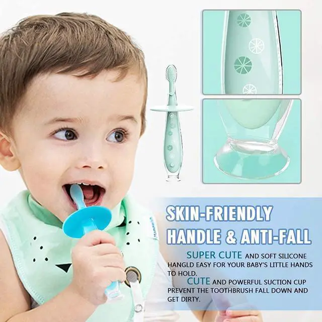 Alt view image 4 of 7 - Baby Toothbrush with Suction Base - Gentle Cleaning for Toddler's Self-Brushing Training, Food-Grade Silicone, Extra Soft Bristles, BPA/Phthalate Free, Anti-Chocking/Anti-Fall Design - 2 Pack