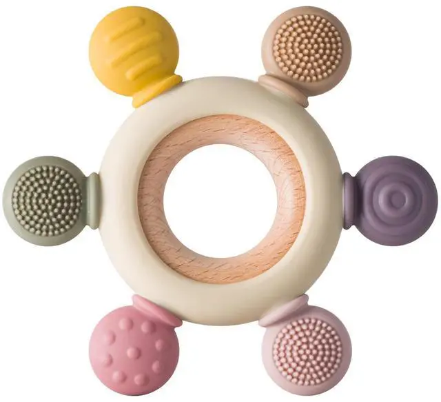 Main image of Baby Teething Toys Silicone Teethers BPA Free Silicone Rudder with Wooden Ring Soothe Babies Gums (Khaki)