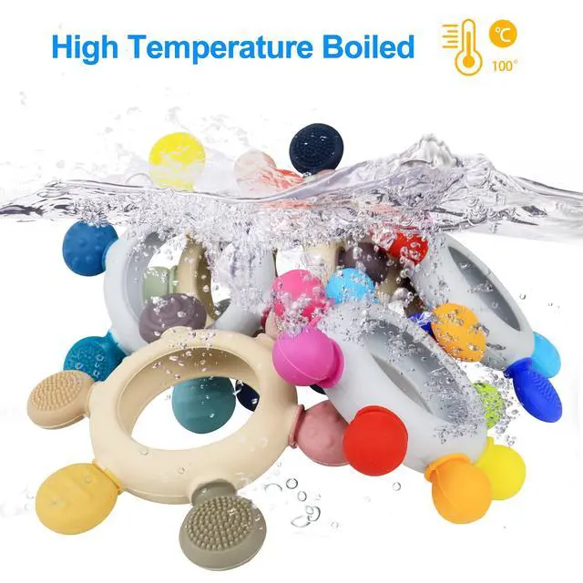 Alt view image 3 of 7 - Baby Teething Toys Silicone Teethers BPA Free Silicone Rudder with Wooden Ring Soothe Babies Gums (Khaki)