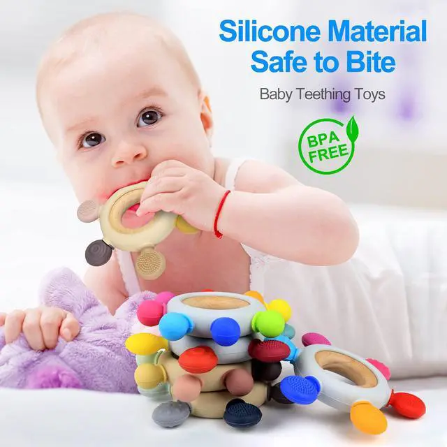 Alt view image 2 of 7 - Baby Teething Toys Silicone Teethers BPA Free Silicone Rudder with Wooden Ring Soothe Babies Gums (Khaki)