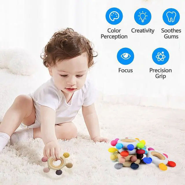 Alt view image 4 of 7 - Baby Teething Toys Silicone Teethers BPA Free Silicone Rudder with Wooden Ring Soothe Babies Gums (Khaki)
