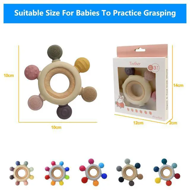 Alt view image 5 of 7 - Baby Teething Toys Silicone Teethers BPA Free Silicone Rudder with Wooden Ring Soothe Babies Gums (Khaki)