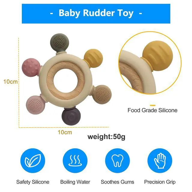 Alt view image 7 of 7 - Baby Teething Toys Silicone Teethers BPA Free Silicone Rudder with Wooden Ring Soothe Babies Gums (Khaki)