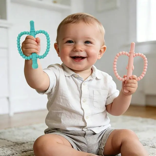 Alt view image 3 of 7 - Hollow Teether Tube 5 Pack Apple Shape Chew Straw Sensory Toy for Infant Toddlers Silicone Tubes Teething Toys for Babies 0-6 0-12 0-36 Months Gifts Teething Relief Soothing Gums