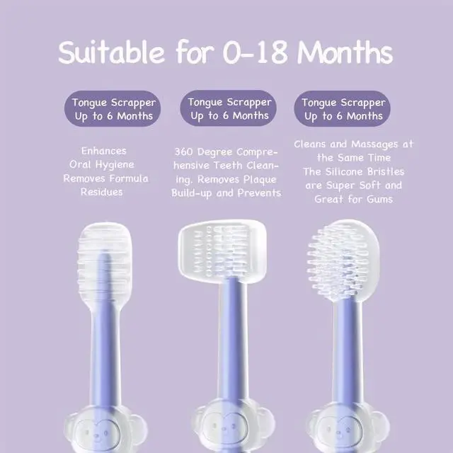 Alt view image 2 of 7 - 3 Pack Silicone Toddler Toothbrushes 0 to 18 Months, Baby Tongue Cleaner + U-Shaped ToothScrubber + First Toothbrush Teething, Gum Oral Cleaner