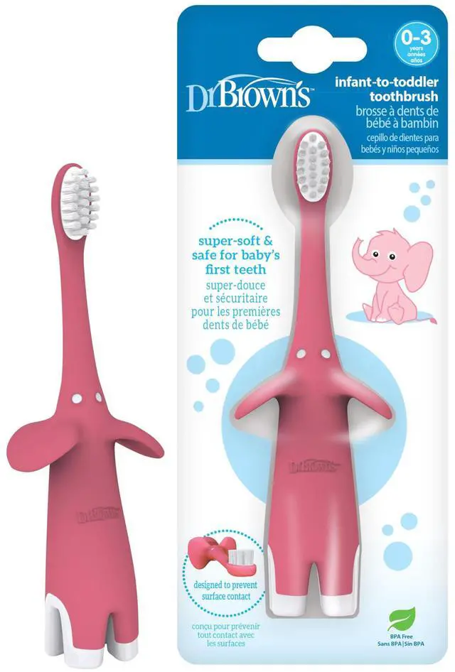 Main image of Infant-to-Toddler Toothbrush, Elephant, Pink, 0-3 Years | Super-soft bristles safely and gently clean babys first teeth and gums, helps establish good oral hygiene habits