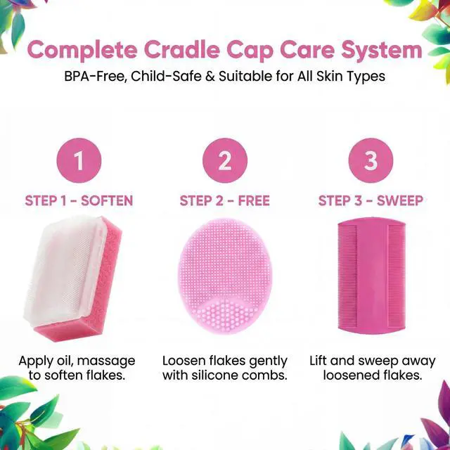 Alt view image 2 of 7 - Cradle Cap Brush for Babies - Cradle Cap Treatment | Baby Sponge for Bathing | Baby Brush and Comb Set Newborn | Baby Comb & Scalp Scrubber (Set of 6 - Pink)
