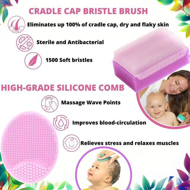 Alt view image 4 of 7 - Cradle Cap Brush for Babies - Cradle Cap Treatment | Baby Sponge for Bathing | Baby Brush and Comb Set Newborn | Baby Comb & Scalp Scrubber (Set of 6 - Pink)